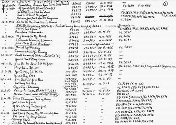 Handschriftliche Aufzeichnung aus der Wilburn Brothers-Diskographie von Decca Records. Sammlung Hauke Str�bing
