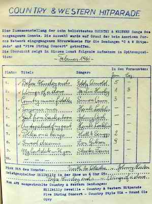 Die "Country & Western Hitparade" vom Februar 1961 als fliegendes Blatt. Archiv Hauke Str�bing