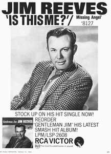 Anzeige in THE MUSIC REPORTER vom 16. M�rz 1963 f�r die Jim Reeves-Single "Is This Me?/Missing Angel" (RCA Victor 47-8127) und die LP "Gentleman Jim" (RCA LPM/LSP-2608); Archiv Hauke Str�bing.