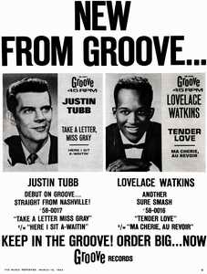 Anzeige in THE MUSIC REPORTER vom 16. M�rz 1963 f�r die Justin Tubb-Single "Take A Letter Miss Gray/Here I Sit A-Waitin�" (Groove Records 58-0017); Archiv Hauke Str�bing.
